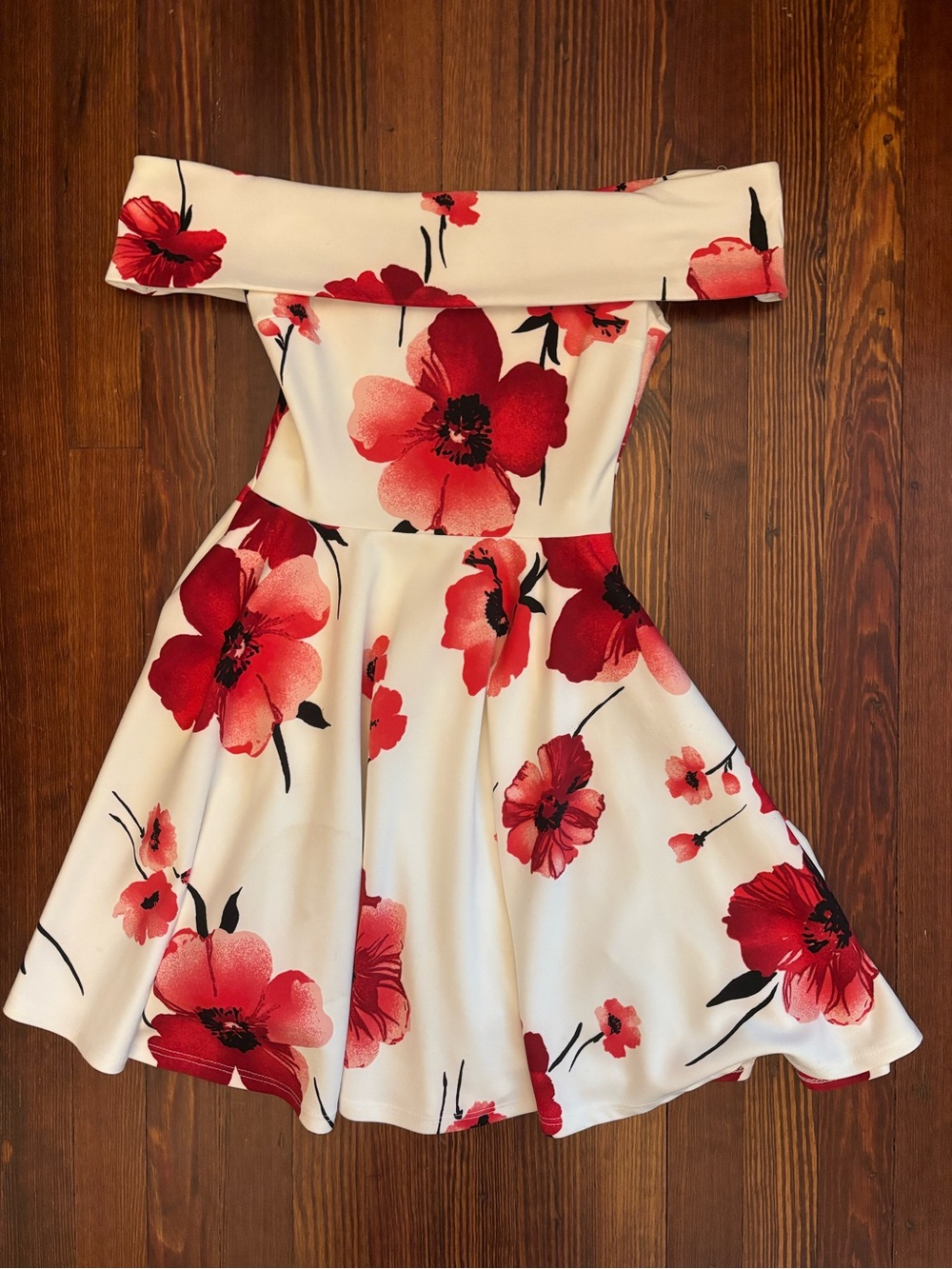 B Darlin Off-Shoulder White Skater Dress with Red Floral Print